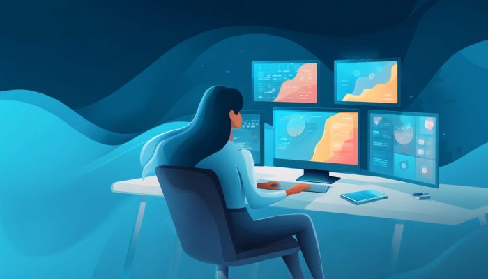 a-woman-working-on-a-computer-with-several-monitors